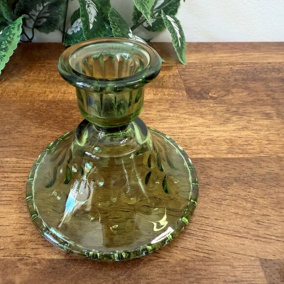 Vintage Green Glass Candle Holder‎ Moon & Stars Pattern Indiana Style Thumb - Picture 3 of 4